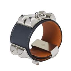 Pre Owned Hermes Collier De Chien Graphite Leather Palladium Plated Cuff Bracelet S