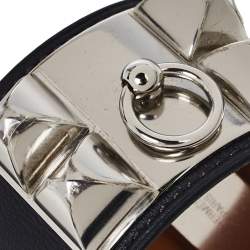 Pre Owned Hermes Collier De Chien Graphite Leather Palladium Plated Cuff Bracelet S