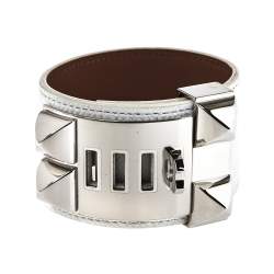 Pre Owned Hermes Collier De Chien Epsom Leather Palladium Plated Cuff Bracelet S