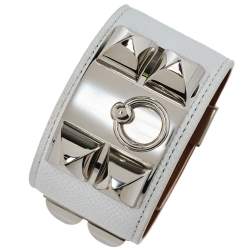Pre Owned Hermes Collier De Chien Epsom Leather Palladium Plated Cuff Bracelet S