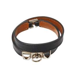 Pre Owned Hermes Rivale Double Tour Black Leather Palladium Hardware Bracelet S