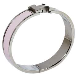 Pre Owned Hermès Clic H Rose Cassata Enamel Palladium Plated Narrow Bracelet PM