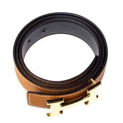 Pre Owned Hermes Gold/Black Togo and Swift Leather Constance Reversible Belt 95CM