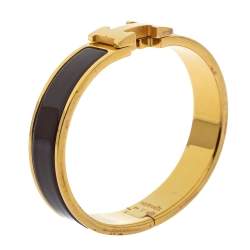Pre Owned Hermès Clic H Brown Enamel Gold Plated Narrow Bracelet PM