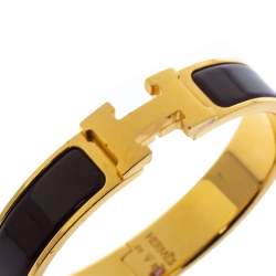 Pre Owned Hermès Clic H Brown Enamel Gold Plated Narrow Bracelet PM