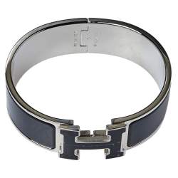Pre Owned Hermès Clic Clac H Black Enamel Palladium Plated Wide Bracelet GM