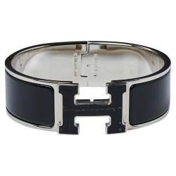 Pre Owned Hermès Clic Clac H Black Enamel Palladium Plated Wide Bracelet GM