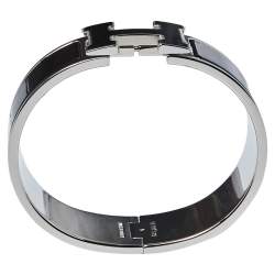 Pre Owned Hermès Clic Clac H Black Enamel Palladium Plated Wide Bracelet GM
