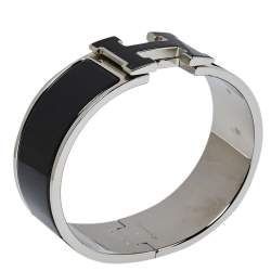 Pre Owned Hermès Clic Clac H Black Enamel Palladium Plated Wide Bracelet GM