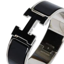 Pre Owned Hermès Clic Clac H Black Enamel Palladium Plated Wide Bracelet GM