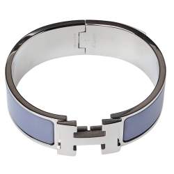 Pre Owned Hermès Clic Clac H Grey Enamel Palladium Plated Wide Bracelet GM