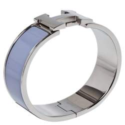 Pre Owned Hermès Clic Clac H Grey Enamel Palladium Plated Wide Bracelet GM