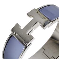 Pre Owned Hermès Clic Clac H Grey Enamel Palladium Plated Wide Bracelet GM