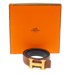 Pre Owned Hermes Gold/Noir Togo and Swift Leather Constance Reversible Belt 85CM