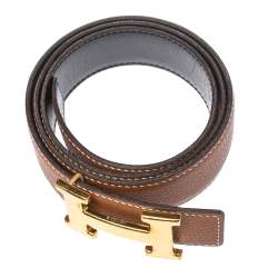 Pre Owned Hermes Gold/Noir Togo and Swift Leather Constance Reversible Belt 85CM