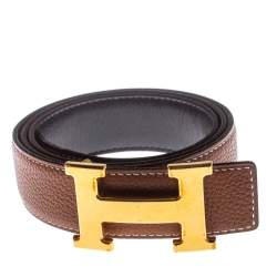 Pre Owned Hermes Gold/Noir Togo and Swift Leather Constance Reversible Belt 85CM