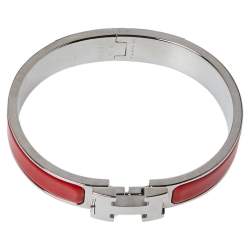 Pre Owned Hermès Clic H Coral Red Enamel Palladium Plated Narrow Bracelet PM