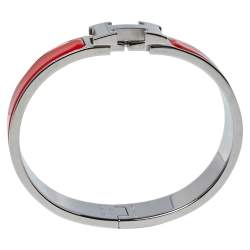 Pre Owned Hermès Clic H Coral Red Enamel Palladium Plated Narrow Bracelet PM