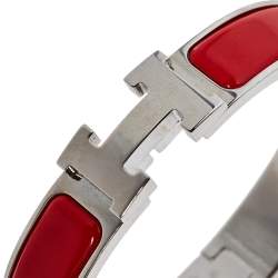 Pre Owned Hermès Clic H Coral Red Enamel Palladium Plated Narrow Bracelet PM