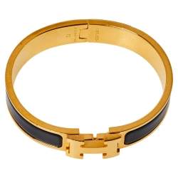 Pre Owned Hermès Clic H Black Enamel Gold Plated Narrow Bracelet PM