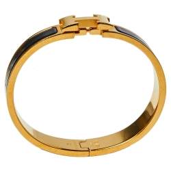Pre Owned Hermès Clic H Black Enamel Gold Plated Narrow Bracelet PM