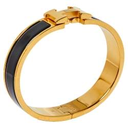 Pre Owned Hermès Clic H Black Enamel Gold Plated Narrow Bracelet PM