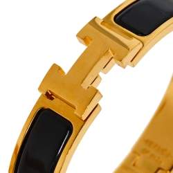 Pre Owned Hermès Clic H Black Enamel Gold Plated Narrow Bracelet PM