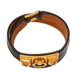 Pre Owned Hermes Rivale Black Leather Gold Plated Double Tour Bracelet S