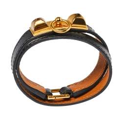 Pre Owned Hermes Rivale Black Leather Gold Plated Double Tour Bracelet S