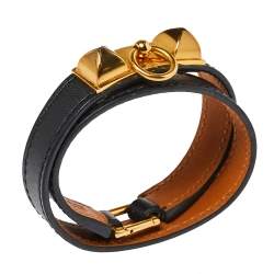 Pre Owned Hermes Rivale Black Leather Gold Plated Double Tour Bracelet S