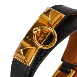 Pre Owned Hermes Rivale Black Leather Gold Plated Double Tour Bracelet S