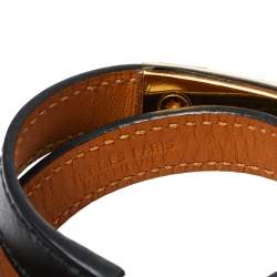 Pre Owned Hermes Rivale Black Leather Gold Plated Double Tour Bracelet S