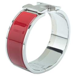 Pre Owned Hermès Clic Clac H Red Enamel Palladium Plated Wide Bracelet PM 