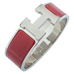Pre Owned Hermès Clic Clac H Red Enamel Palladium Plated Wide Bracelet PM 