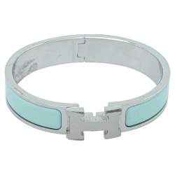 Pre Owned Hermès Clic H Sea Green Enamel Palladium Plated Narrow Bracelet PM
