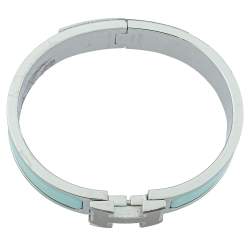 Pre Owned Hermès Clic H Sea Green Enamel Palladium Plated Narrow Bracelet PM