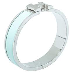 Pre Owned Hermès Clic H Sea Green Enamel Palladium Plated Narrow Bracelet PM