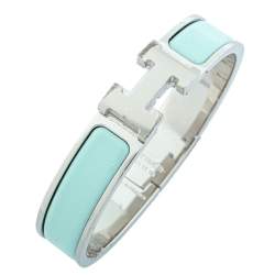Pre Owned Hermès Clic H Sea Green Enamel Palladium Plated Narrow Bracelet PM