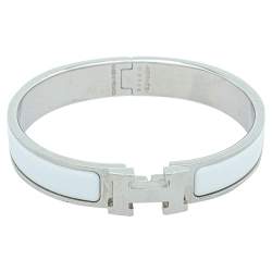 Pre Owned Hermès Clic H Blanc Enamel Palladium Plated Narrow Bracelet PM