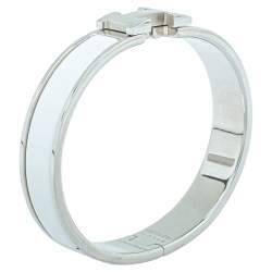 Pre Owned Hermès Clic H Blanc Enamel Palladium Plated Narrow Bracelet PM