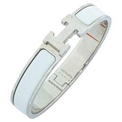 Pre Owned Hermès Clic H Blanc Enamel Palladium Plated Narrow Bracelet PM