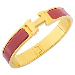 Pre Owned Hermès Clic H Red Enamel Gold Plated Narrow Bracelet PM