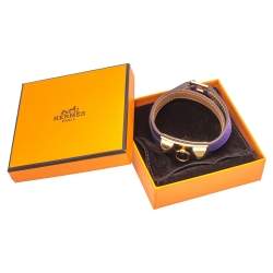 Pre Owned Hermès Purple Leather Gold Plated Rivale Double-Tour Bracelet S