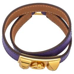 Pre Owned Hermès Purple Leather Gold Plated Rivale Double-Tour Bracelet S