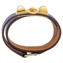 Pre Owned Hermès Purple Leather Gold Plated Rivale Double-Tour Bracelet S