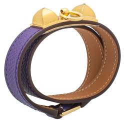 Pre Owned Hermès Purple Leather Gold Plated Rivale Double-Tour Bracelet S