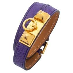 Pre Owned Hermès Purple Leather Gold Plated Rivale Double-Tour Bracelet S