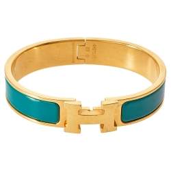 Pre Owned Hermès Clic H Green Enamel Gold Plated Narrow Bracelet PM