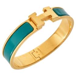 Pre Owned Hermès Clic H Green Enamel Gold Plated Narrow Bracelet PM