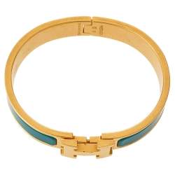 Pre Owned Hermès Clic H Green Enamel Gold Plated Narrow Bracelet PM